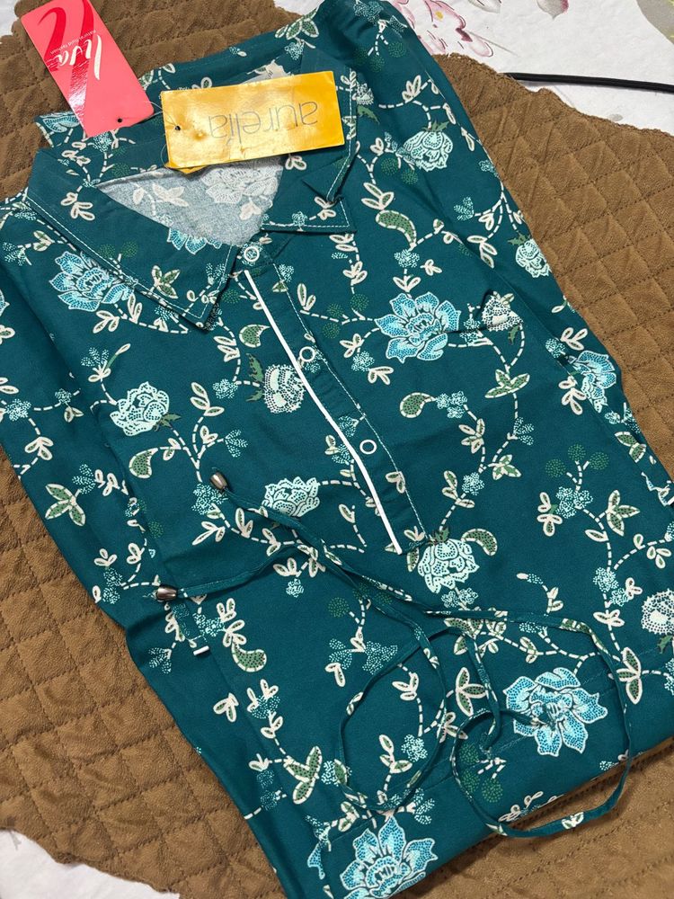 Teal Floral Print Shirt Dress