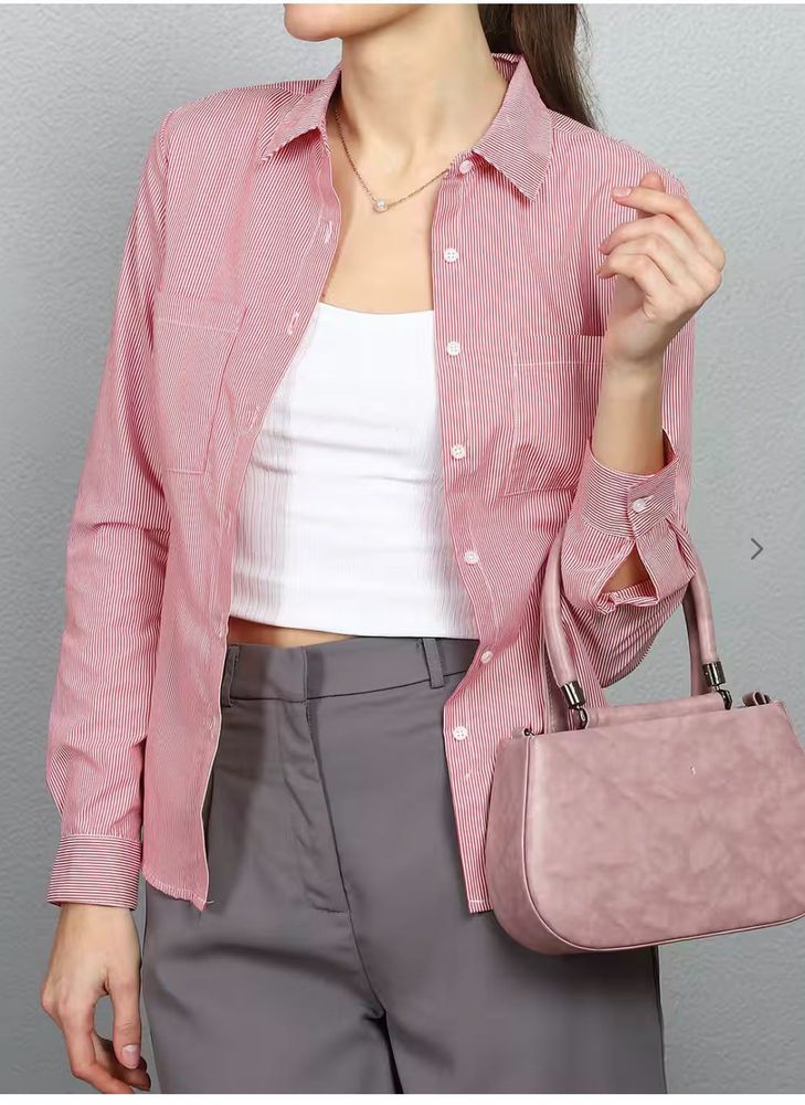Shein Pink Striped Button-Up Shirt