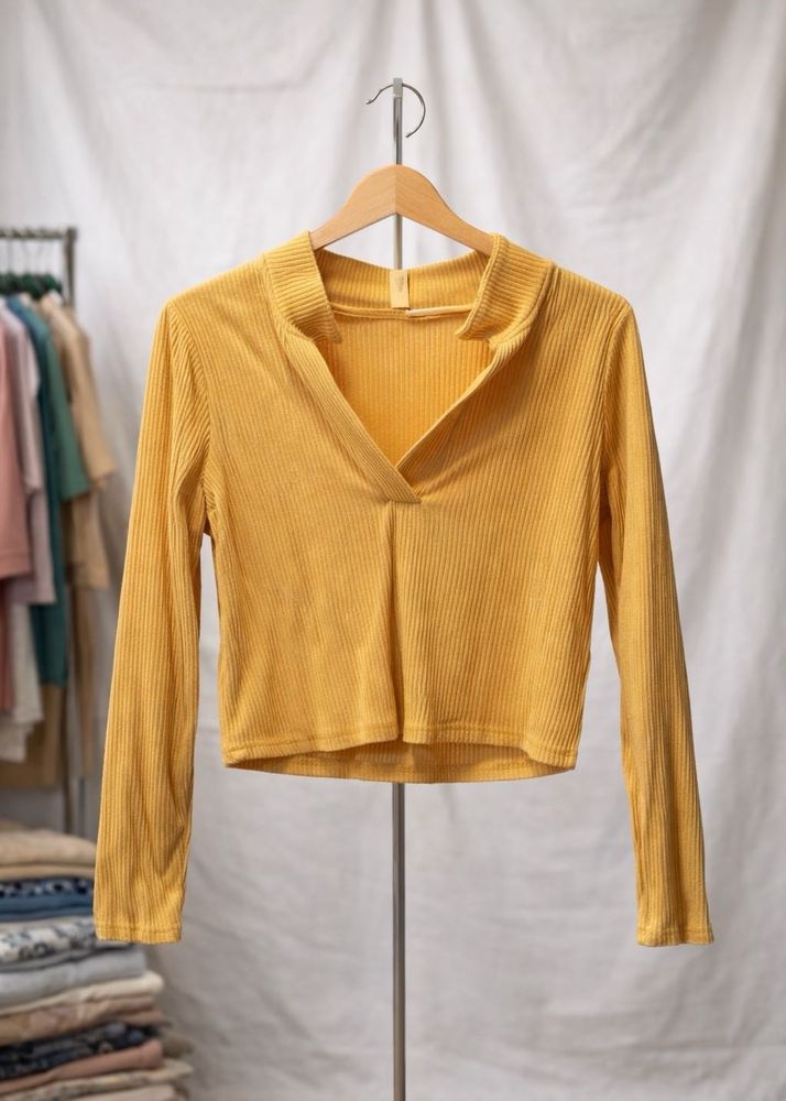 Trendy Mustard Ribbed Collared Top