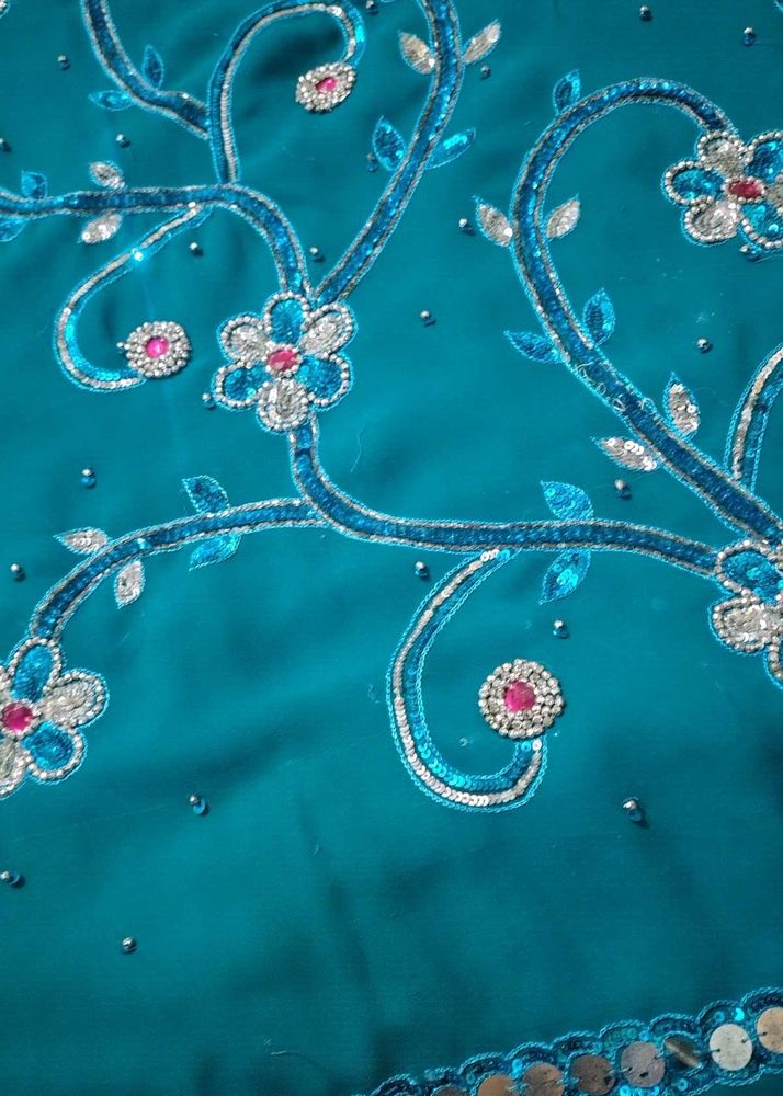 Embroidered Teal Fabric Piece