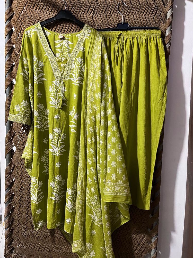 Lime Green Floral Kurta Set with Dupatta