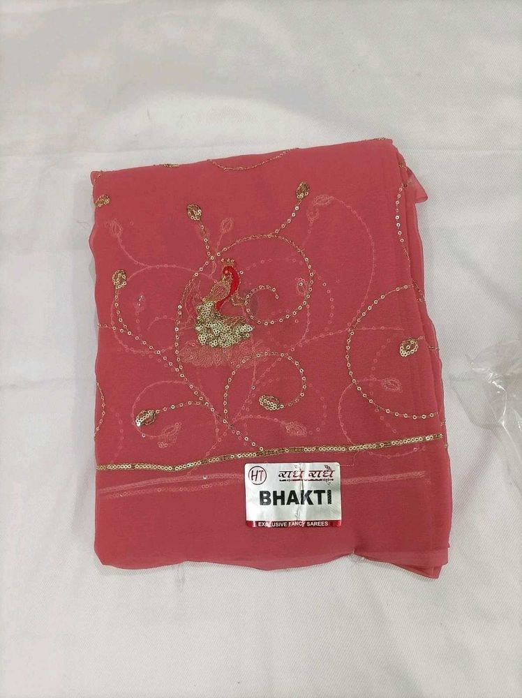 Embellished Pink Saree with Peacock Motif