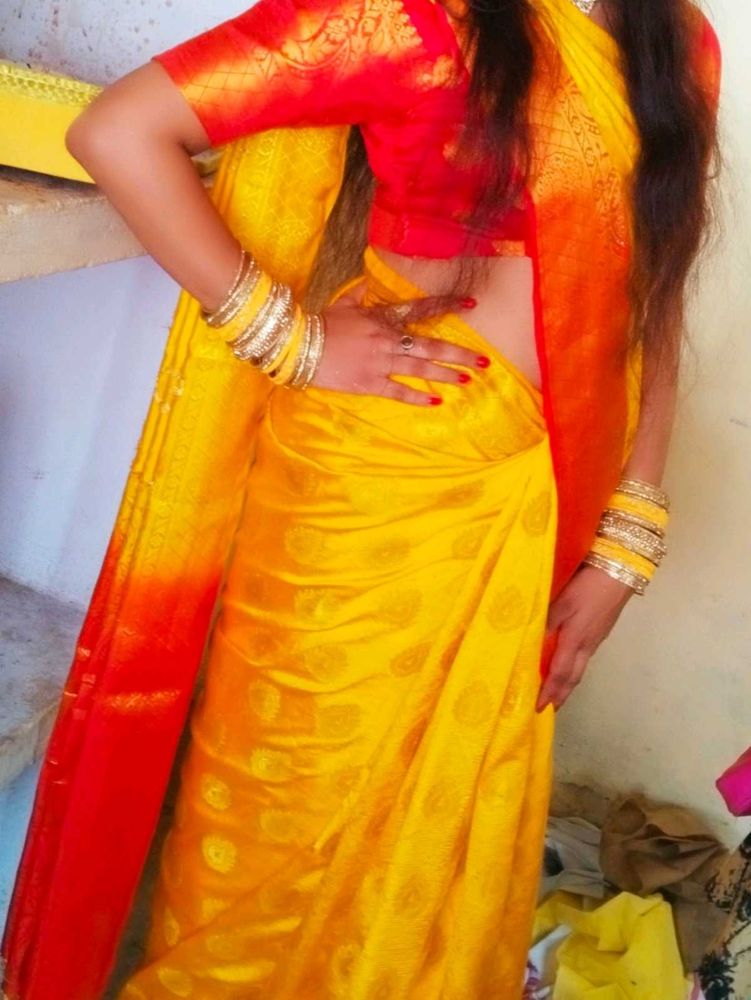 Elegant Yellow &amp; Red Saree