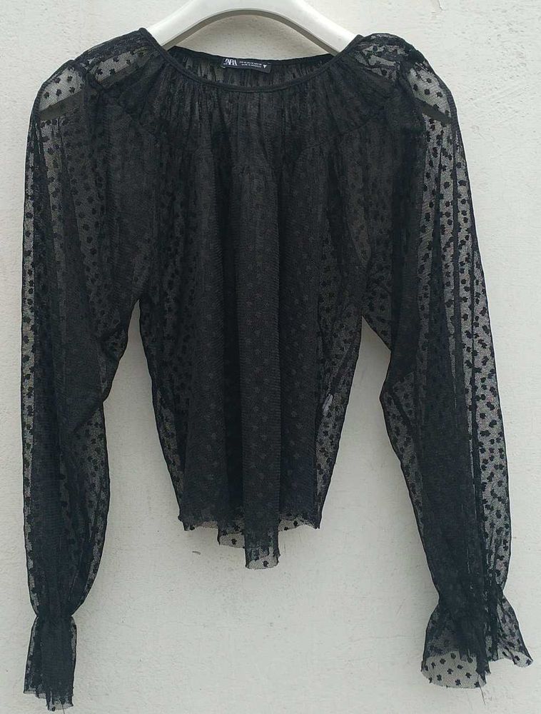 zara black net top.