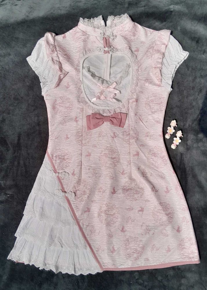 Lovely Pink Cheongsam Dress with Lace and Ruffles