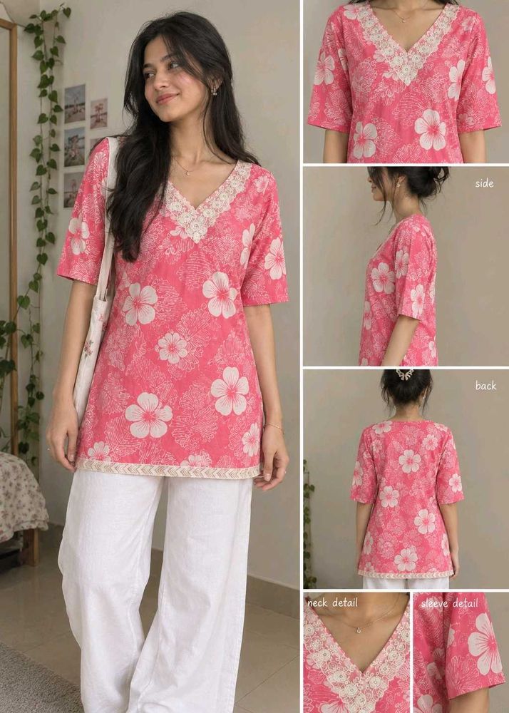Pink Floral Kurta with Lace Neckline