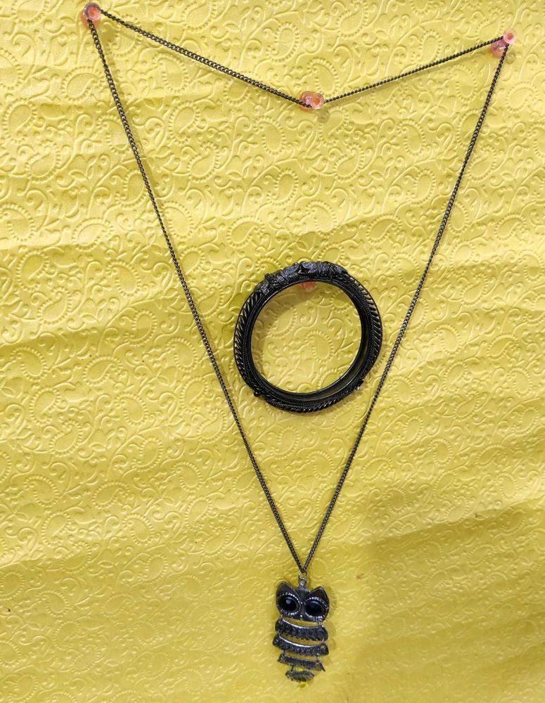 🦉Owl Pendant Necklace and Bangle Set, Vintage Loo