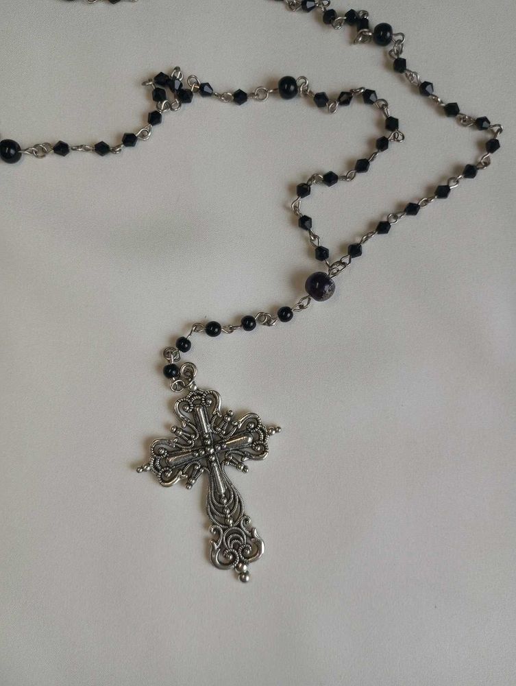 Black Beaded Rosary Necklace