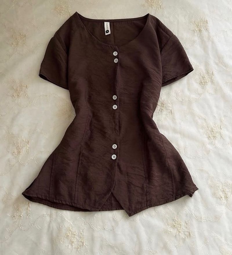 Brown Button-Up Short Sleeve Top