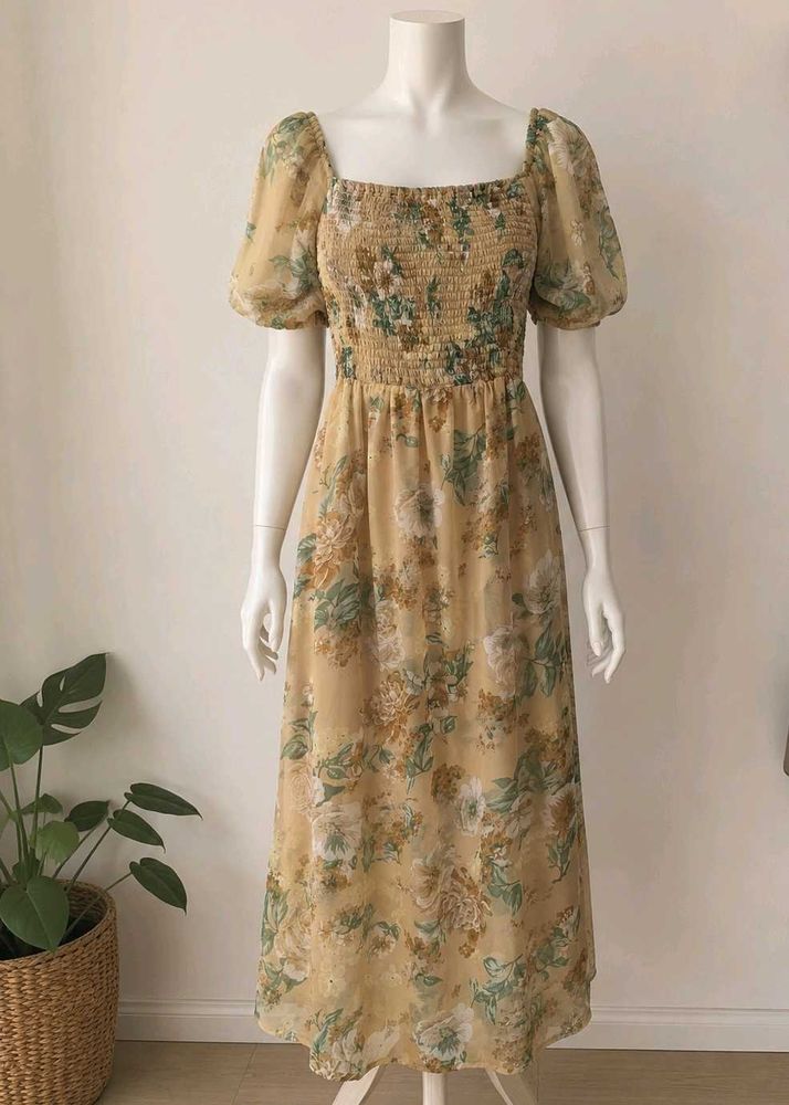Floral Print Puff Sleeve Midi Dress