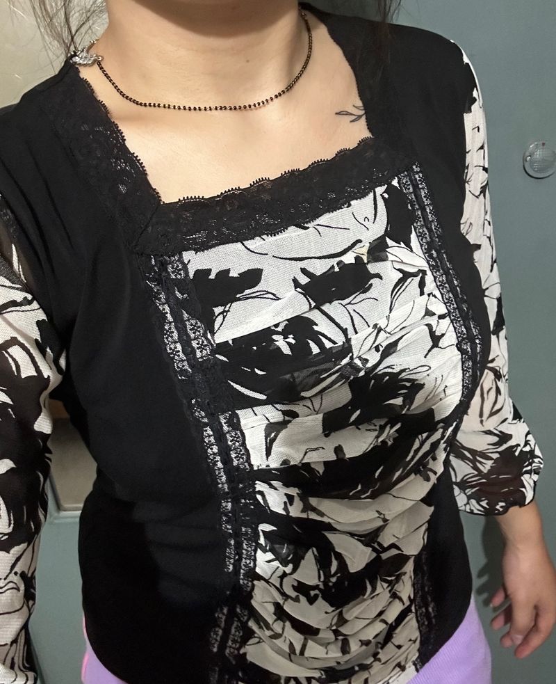 Black Top With Net Design Full Sleeves Net