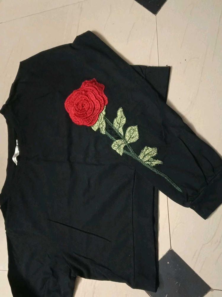 Black Top with Rose Embroidery