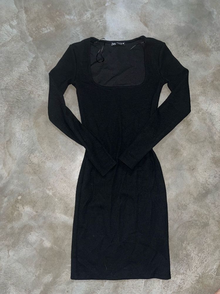 ZARA Woman Black Ribbed Square Neck Mini Dress