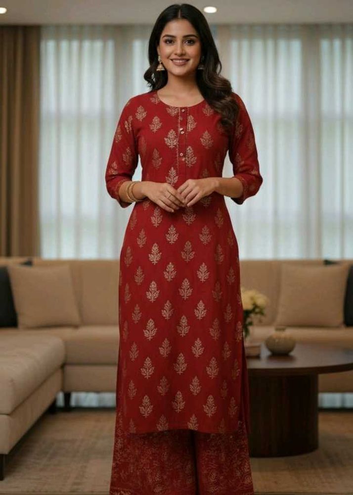 Red &amp; Gold Kurta Palazzo Set