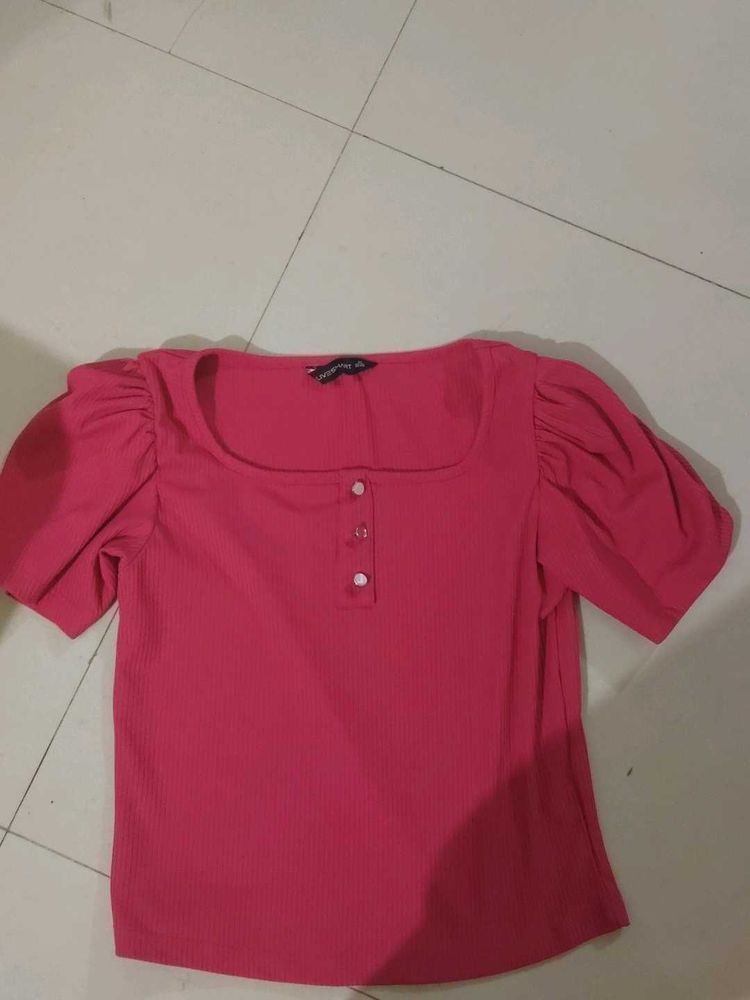 Pink Puff Sleeve Square Neck Top