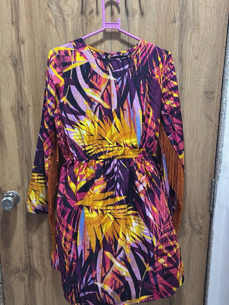 Vibrant Tropical Print Dress with Fringe