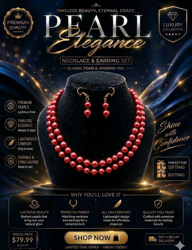 Elegant Red Pearl Necklace &amp; Earring Set