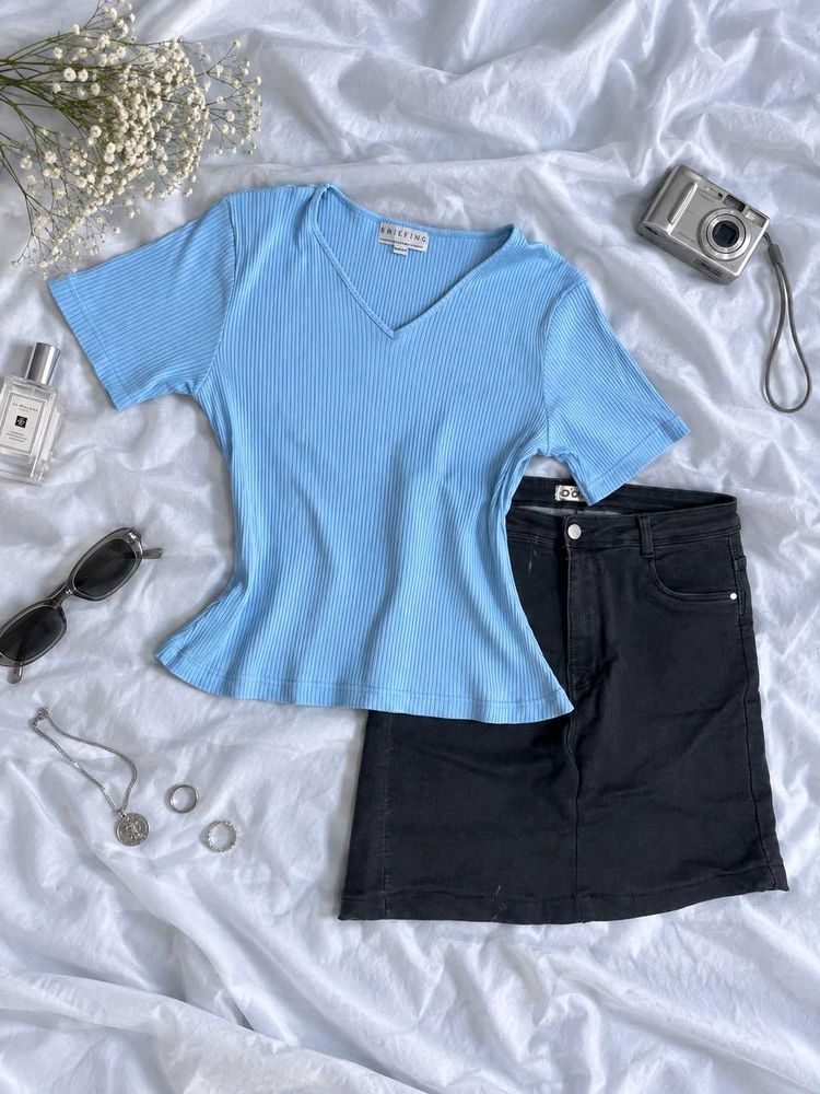 Light Blue Ribbed V-Neck Top
