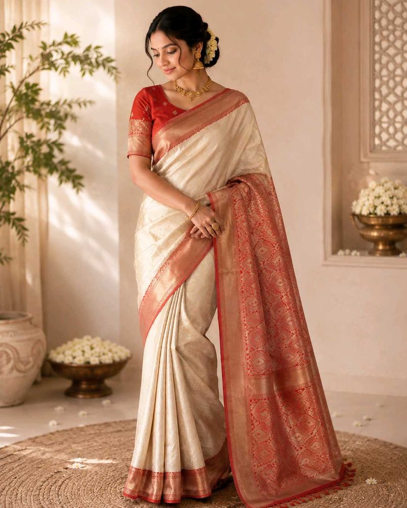 Elegant Cream &amp; Red Banarasi Silk Saree