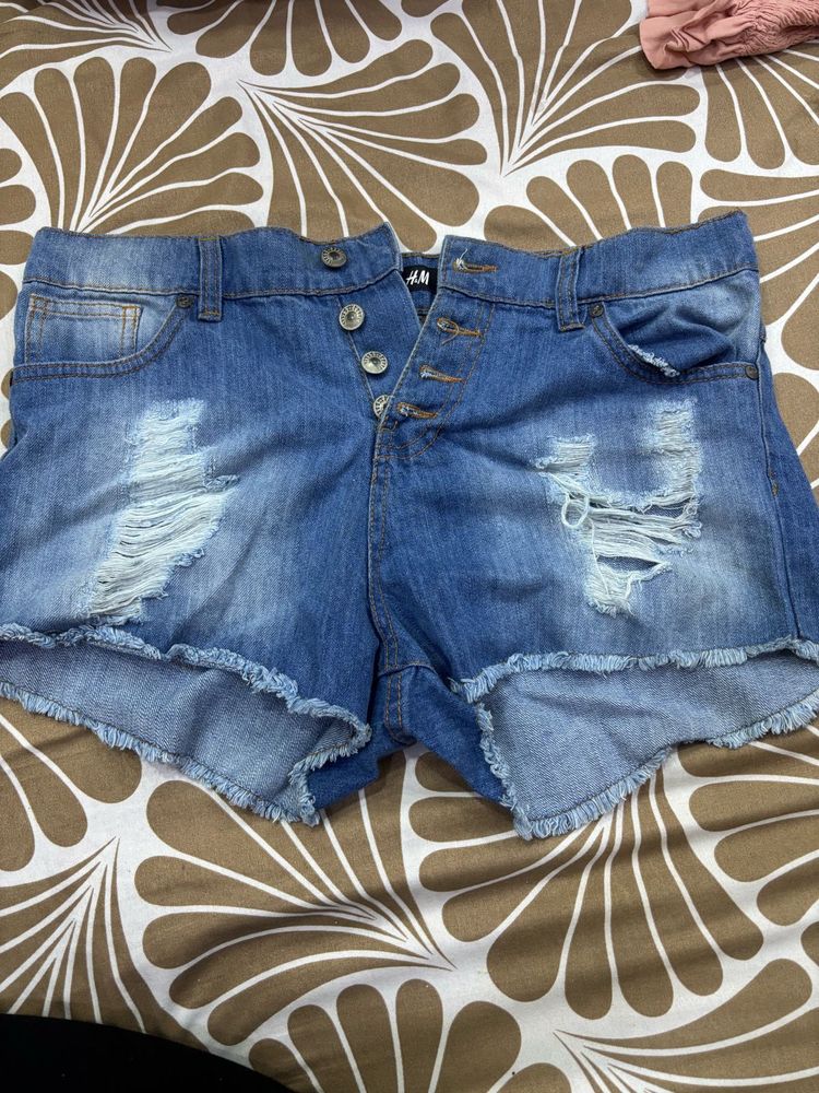 Distressed Denim Button-Fly Shorts