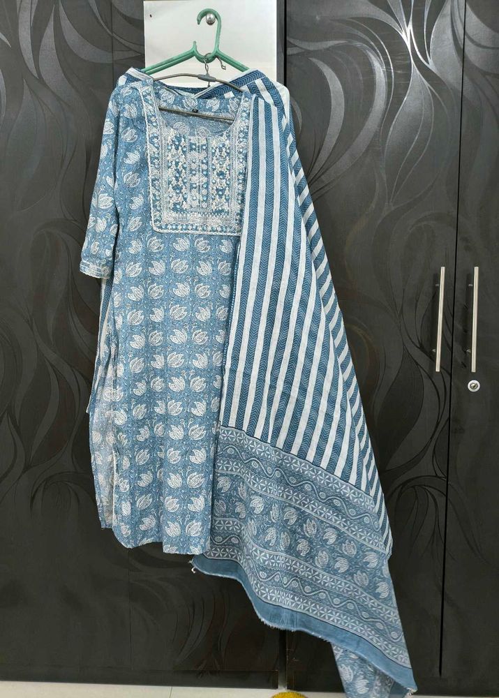 Blue Block Print Kurta with Dupatta