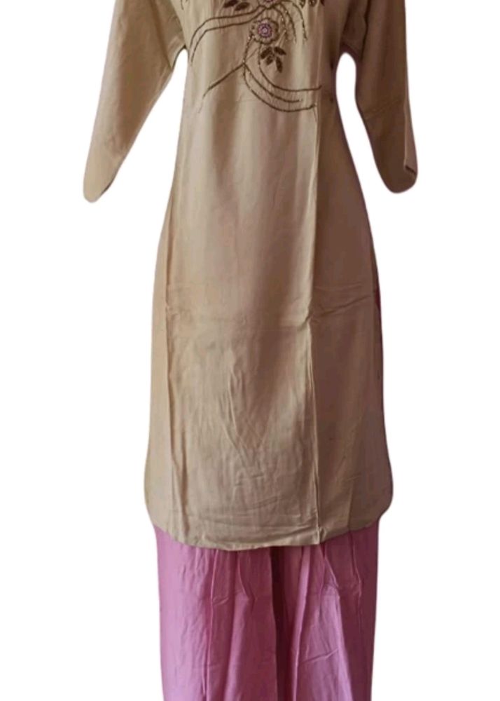 Women Embellished Kurta Palazzo Set, Beige &amp; Pink