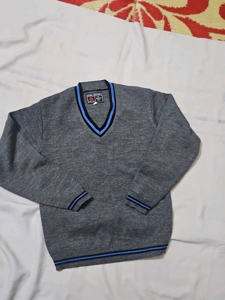 Grey V-Neck Sweater with Blue Stripes