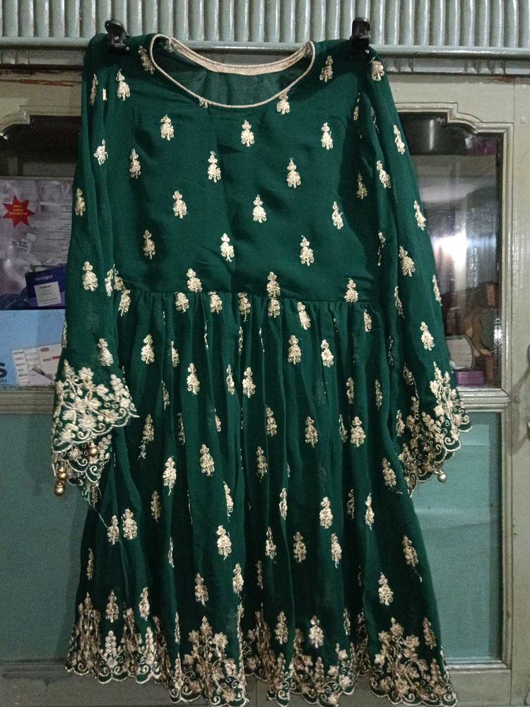 Green Georgette short frock with  flair sharara