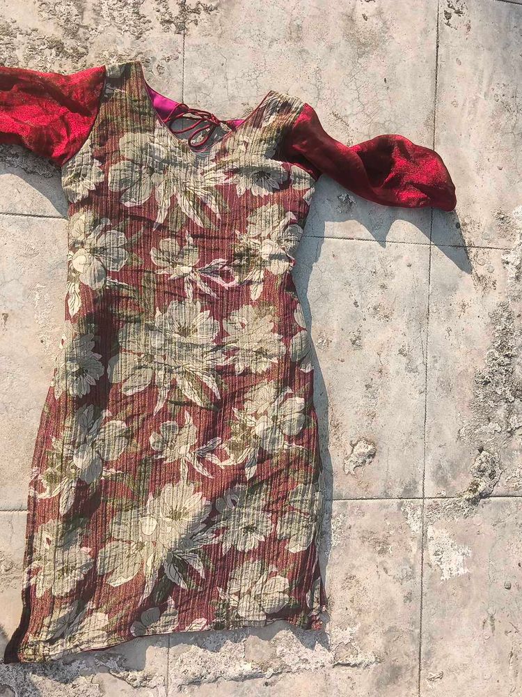 Vibrant Floral Print Kurta with Red Sleeves