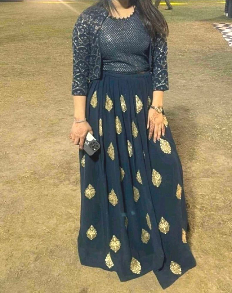 Elegant Blue &amp; Gold Embellished Lehenga Set
