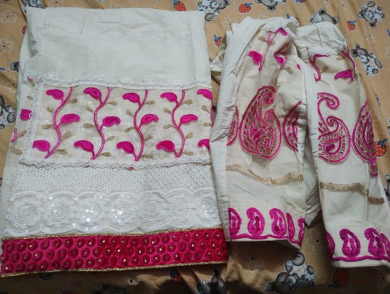 Elegant cream salwar suit material with Pink Embro