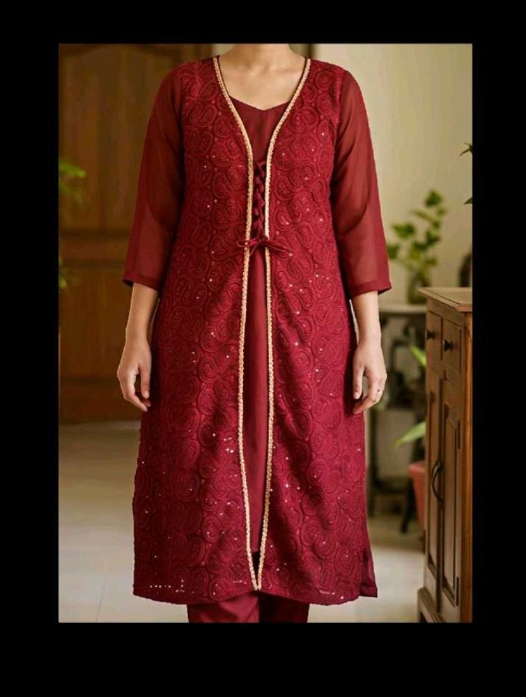 Maroon Attached Jacket Kurta and trouser (set)