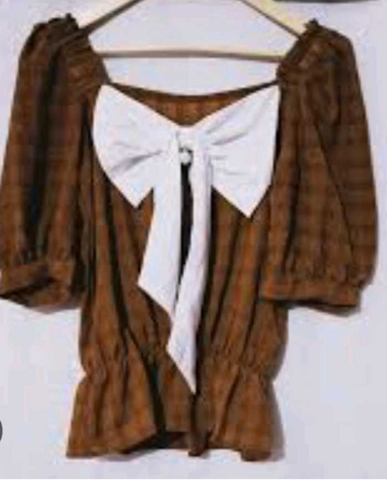 brown Plaid Puff Sleeve Top with Bow