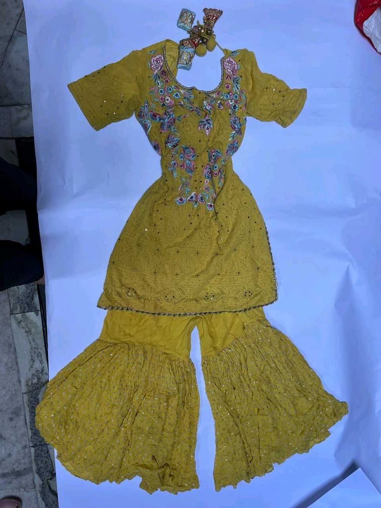 Yellow Embroidered Kurta Set with Sharara