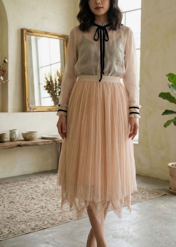 Elegant Pleated Midi Skirt with Lace Trim