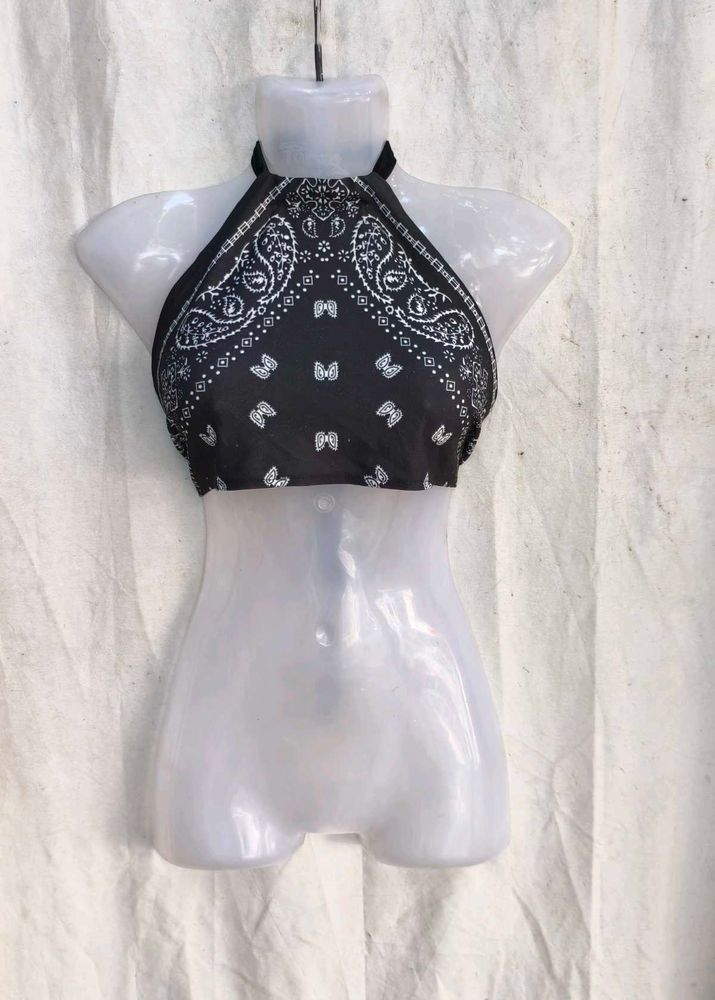 5249. Black Bandana Halter Neck Crop Top