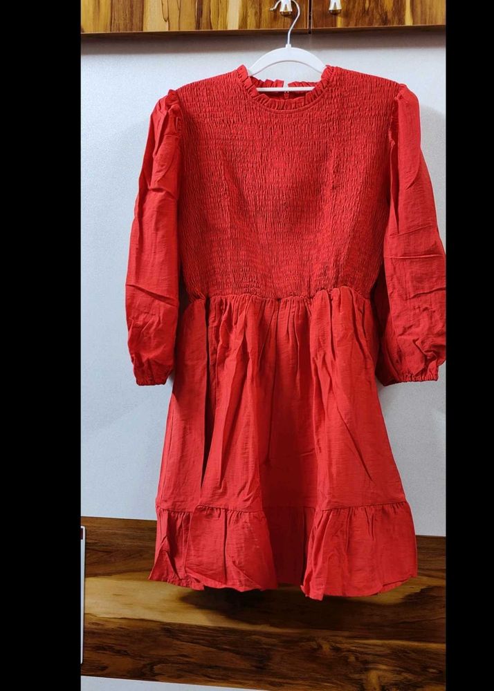 Red Smocked Tiered Dress