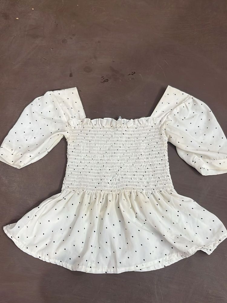 White Polka Dot Smocked Top