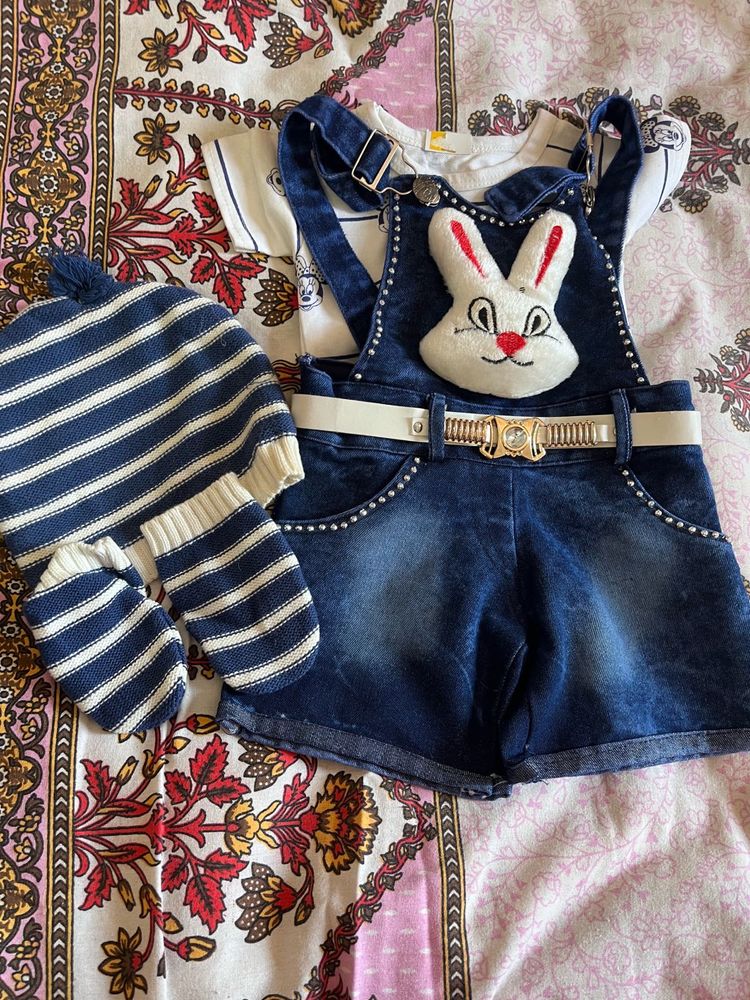 Cute Denim Bunny Overalls Set with Hat &amp; Mittens