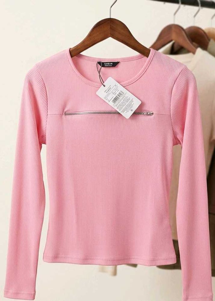 Pink Ribbed Long Sleeve Zip Top