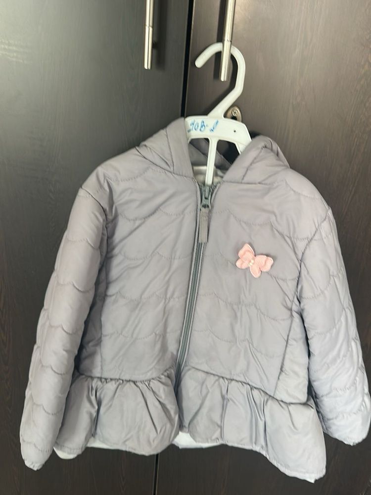 Gray Puffer Jacket with Butterfly Detail