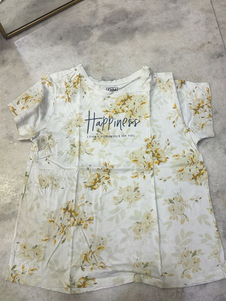 White Floral T-Shirt with "Happiness" Graphic