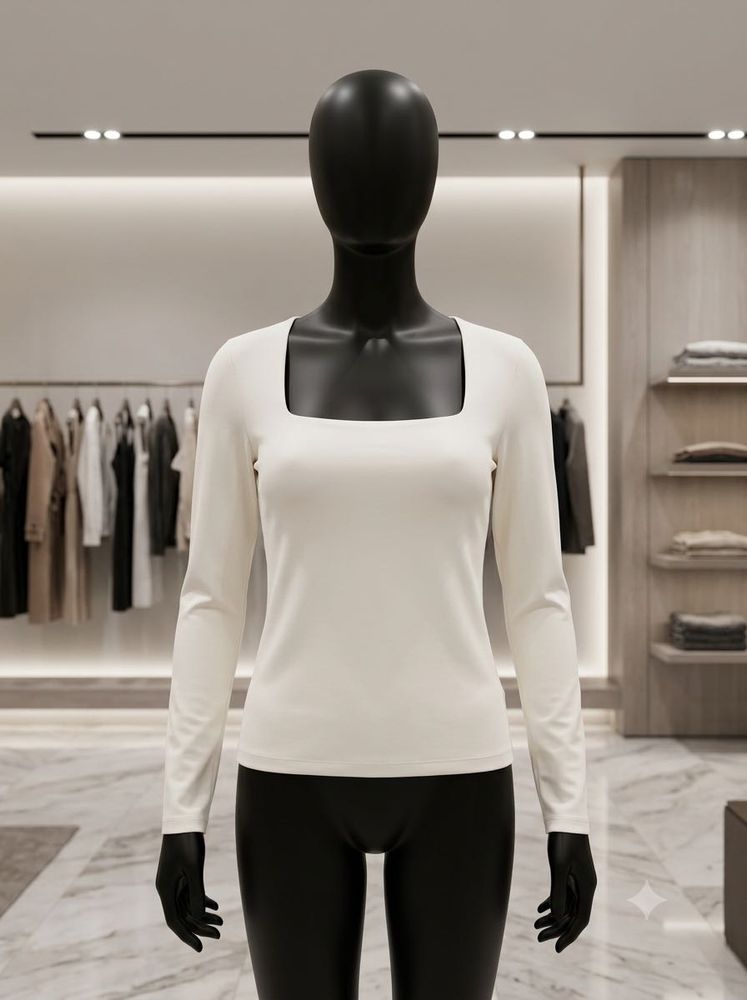 H&amp;M Cream Square Neck Long Sleeve Top