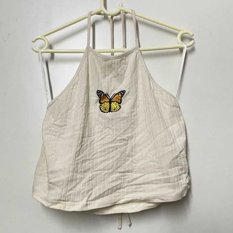 Cream Ribbed Butterfly Halter Top
