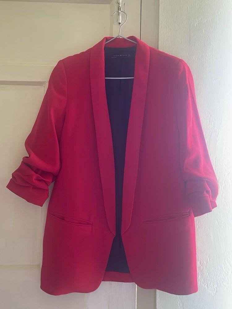 Chic Red Blazer with Ruched Sleeves