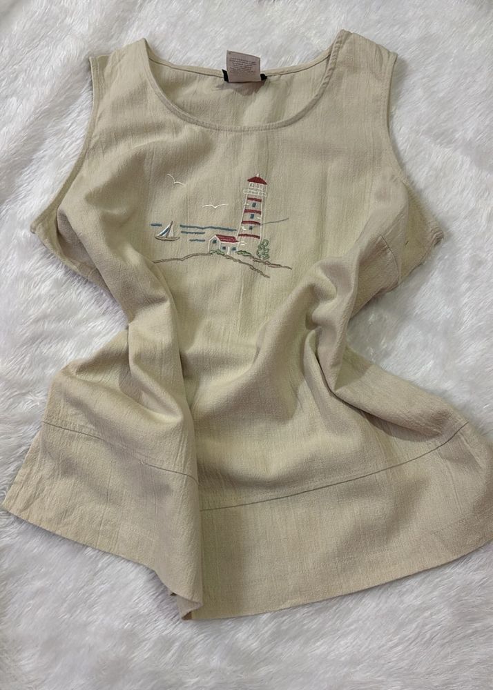 Beige Embroidered Lighthouse Sleeveless Top