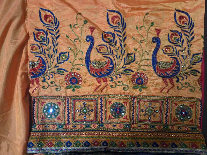 Embroidered yellow red  Peacock Saree