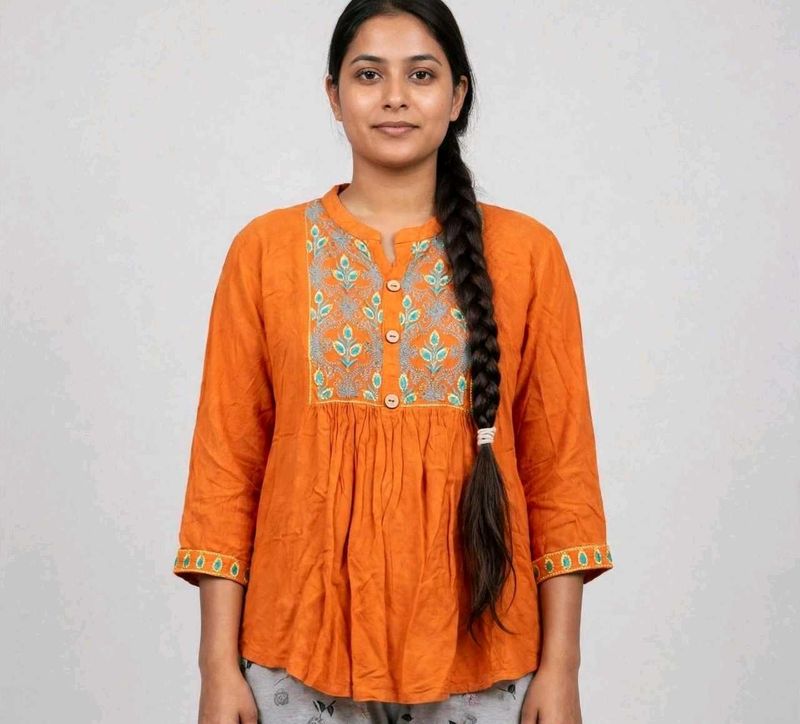 Vibrant Orange Embroidered Kurta Top