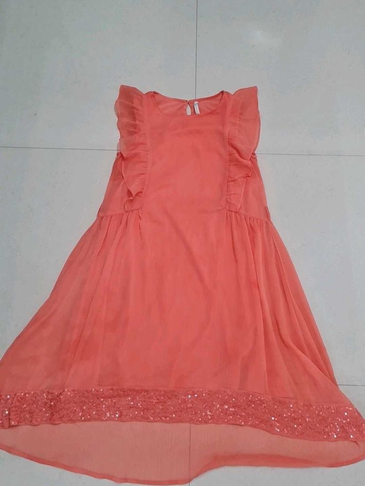 Chic Coral Ruffle Dress with Sequins