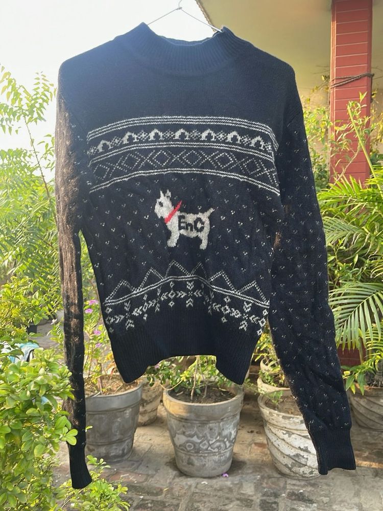 Cute Dog Print Black Knit Sweater